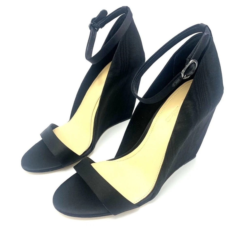 Vince Camuto Imagine Lessli Black Satin Wedge Sandals with Ankle Strap